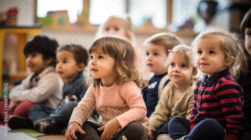 Group of small nursery school children sitting and listening to teacher on floor indoors in classroom.
