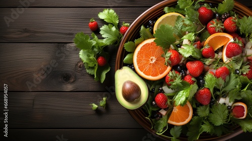 Fresh salad with fruits and greens on vintage wooden background with space for text 