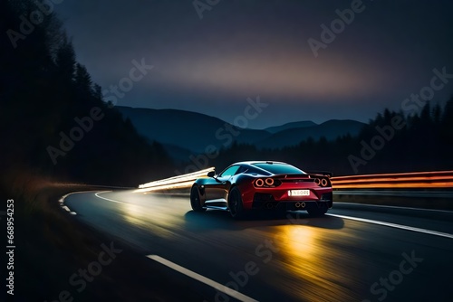 Sports car speeding down a highway at night with long exposure trails of light