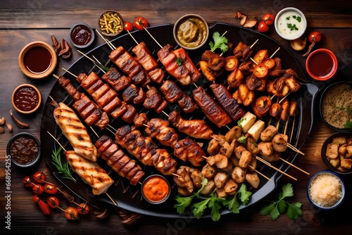 Serving dish with tikka boti seekh kababs of chicken, beef, lamb, and mutton, assorted mix grills, and a tabletop view