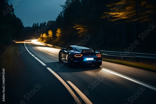 Speeding sports automobile with long exposure light trails on a motorway at night