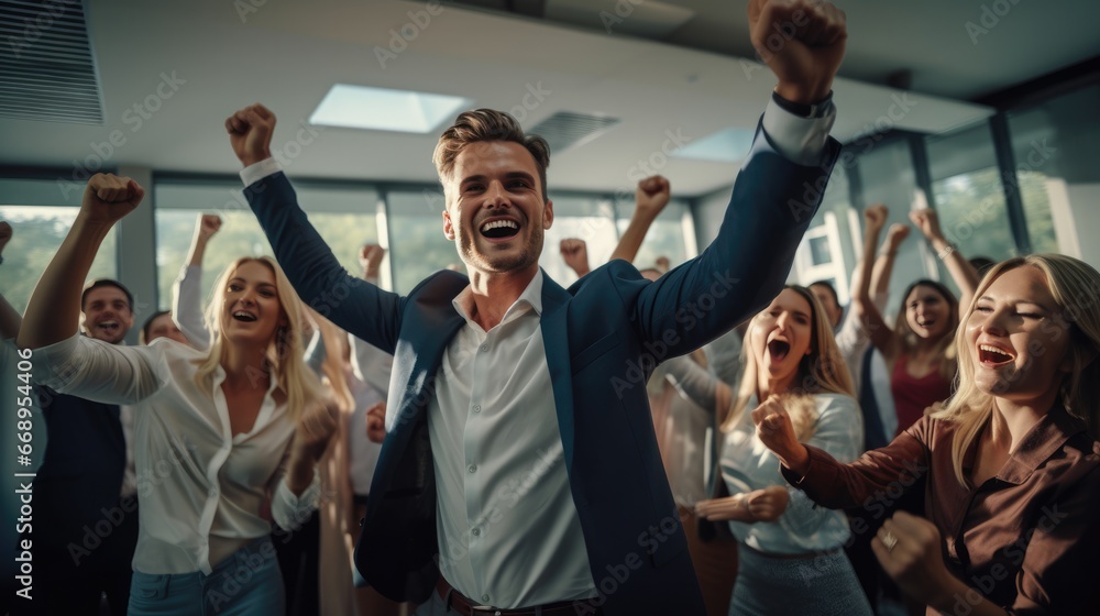 Group of business people and excited employees celebrate successful achievement working together, Teamwork successful, Good news for bonus, Congratulating colleague with business achievement. - obrazy, fototapety, plakaty 
