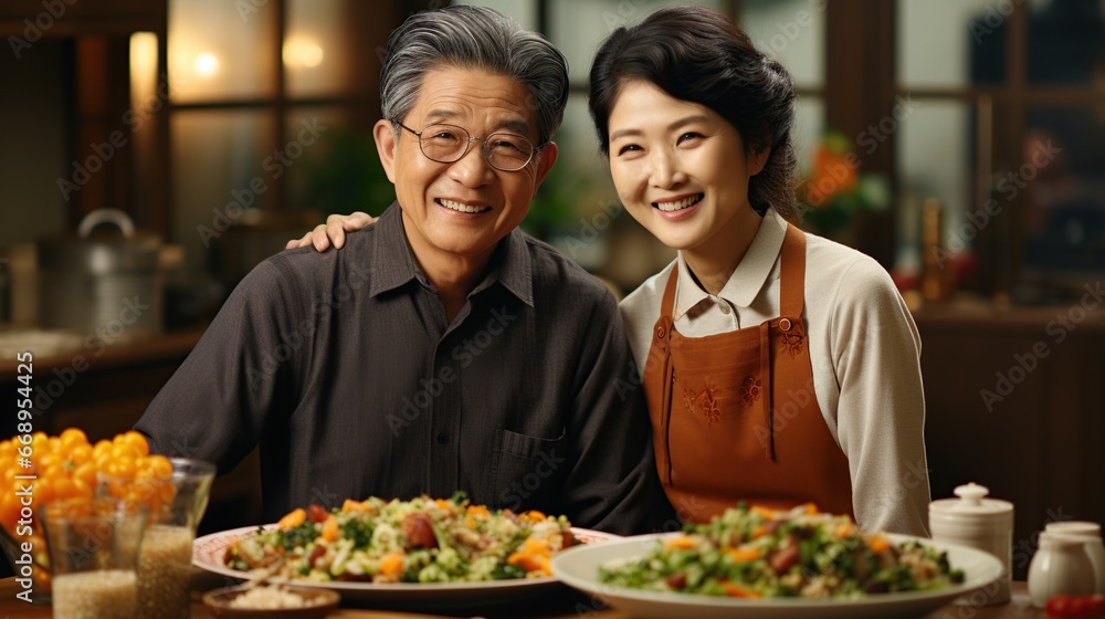 Happy man and woman positive, Mature man with healthy food, Portrait Asian Senior man eating a salad in house, Old elderly male health care eat vegetables and useful foods
