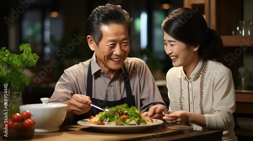 Happy man and woman positive  Mature man with healthy food  Portrait Asian Senior man eating a salad in house  Old elderly male health care eat vegetables and useful foods