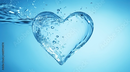 Water and water line on left side in the shape of a heart over blue background. Symbolizing hydration, clean water and water conservation.
