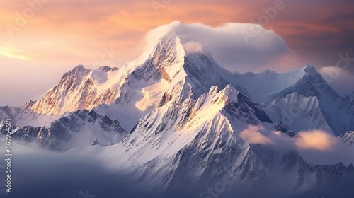Mountain peak landscape with snow and clouds at sunrise