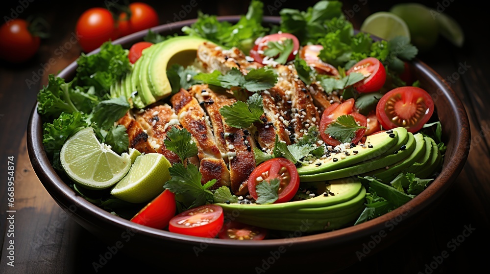 Healthy salad bowl with quinoa, tomatoes, chicken, avocado, lime and mixed greens, lettuce, parsley on wooden background top view Healthy salad bowl with quinoa, tomatoes, chicken, avocado, lime and mixed greens, lettuce, parsley on wooden background top view