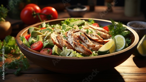 Healthy salad bowl with quinoa, tomatoes, chicken, avocado, lime and mixed greens, lettuce, parsley on wooden background top view 