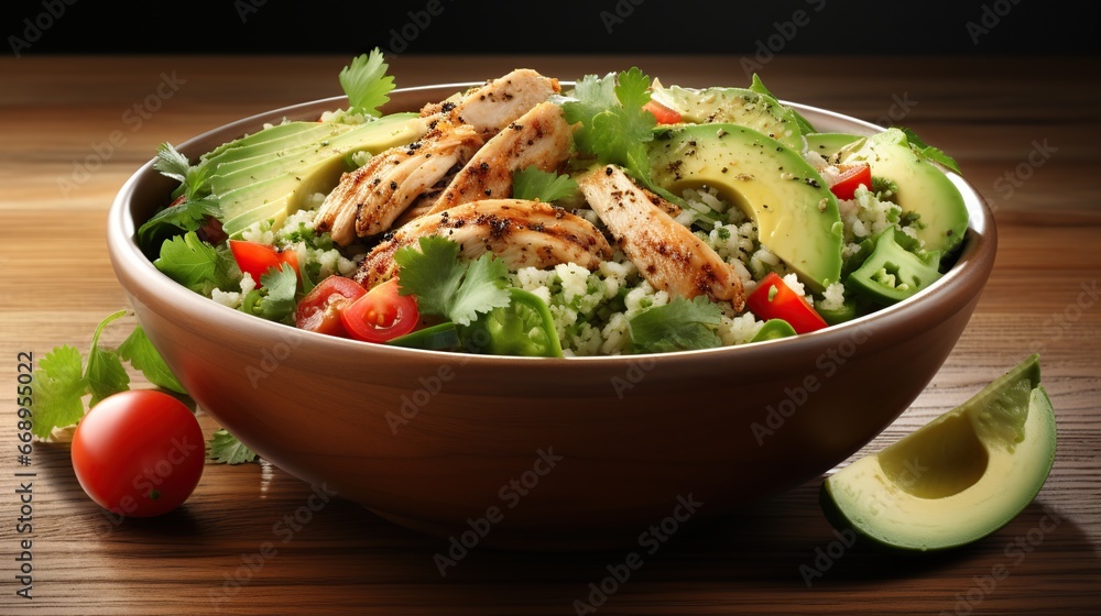 Healthy salad bowl with quinoa, tomatoes, chicken, avocado, lime and mixed greens, lettuce, parsley on wooden background top view Healthy salad bowl with quinoa, tomatoes, chicken, avocado, lime and mixed greens, lettuce, parsley on wooden background top view