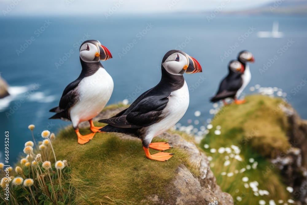 Puffins on a cliff in the Faroe Islands, Denmark, Puffins sitting on a rock in front of the sea, AI Generated Puffins on a cliff in the Faroe Islands, Denmark, Puffins sitting on a rock in front of the sea, AI Generated