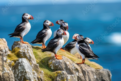 Puffins on a cliff in Iceland. Fratercula arctica, Atlantic Puffin or Common Puffin, Fratercula arctica, Norway, AI Generated photo