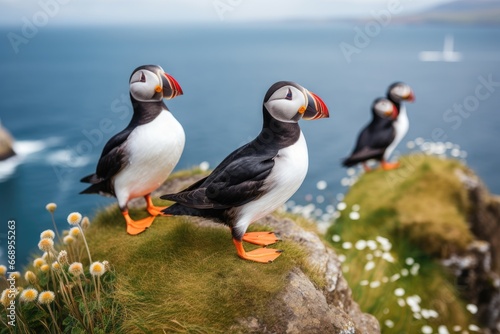 Puffins on a cliff in the Faroe Islands, Denmark, Puffins sitting on a rock in front of the sea, AI Generated