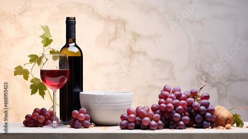 A bottle of red wine and a glass with a branch of grapes on a table