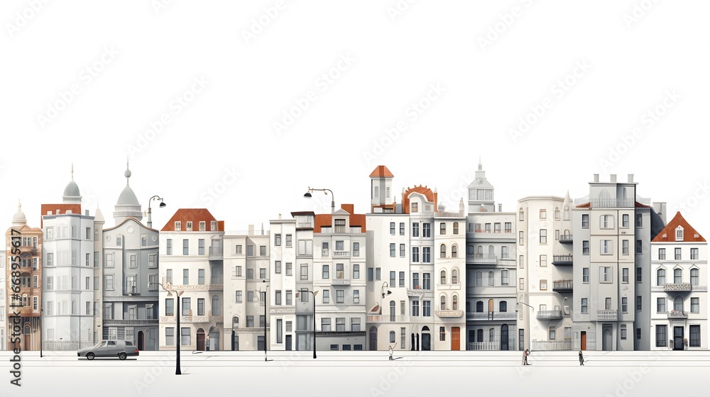 white background buildings in the style of animation.