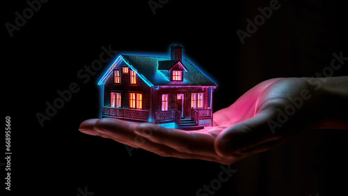 Property insurance a man holding a neon house conept with dark background