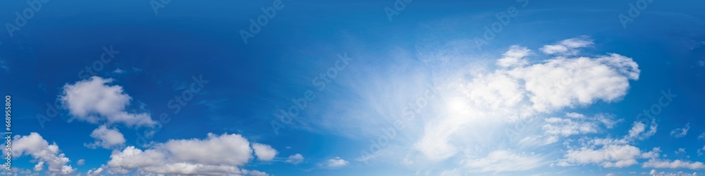 Blue summer sky panorama with light Cirrus clouds. HDR 360 seamless spherical panorama. Full zenith or sky dome for 3D visualization, sky replacement for aerial drone panoramas. Blue summer sky panorama with light Cirrus clouds. HDR 360 seamless spherical panorama. Full zenith or sky dome for 3D visualization, sky replacement for aerial drone panoramas.