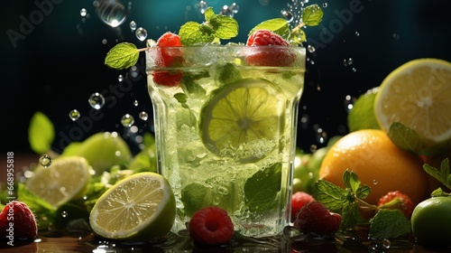 Iced smoothie, fruit water splash, water shake, big Grass cup, fruit spread, green background 