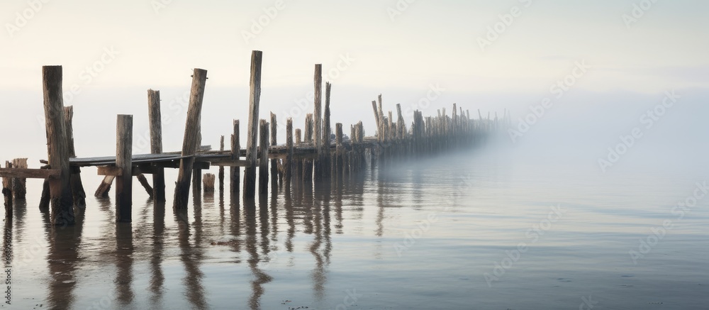 Sea pier in morning fog