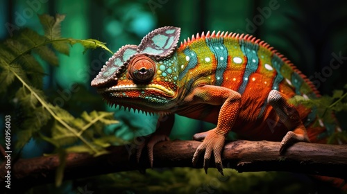 A colorful chameleon perched on a branch. Generative AI