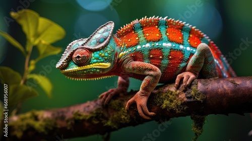 A colorful chameleon perched on a branch. Generative AI © kardaska