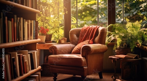 A cozy reading room with an armchair and a bookshelf and a large window. Generative AI