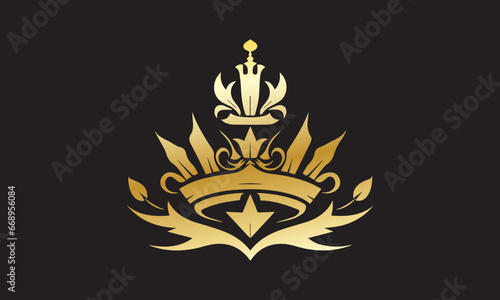 gold black shield with crown and a crown  in the style of decorative  logo