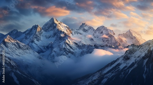 Mountain peak landscape with snow and clouds at sunrise