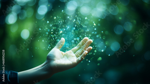 Hand touching green sparkles and abstract glow on air © Renrae