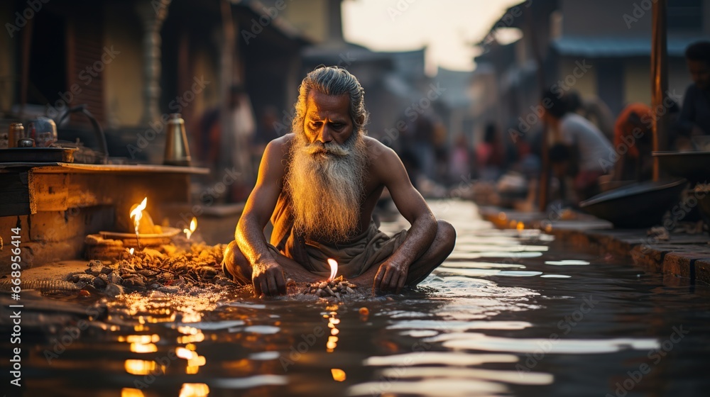 A Hindu pilgrim making an offering at the Ganges River in Varanasi, India. A Hindu pilgrim making an offering at the Ganges River in Varanasi, India.
