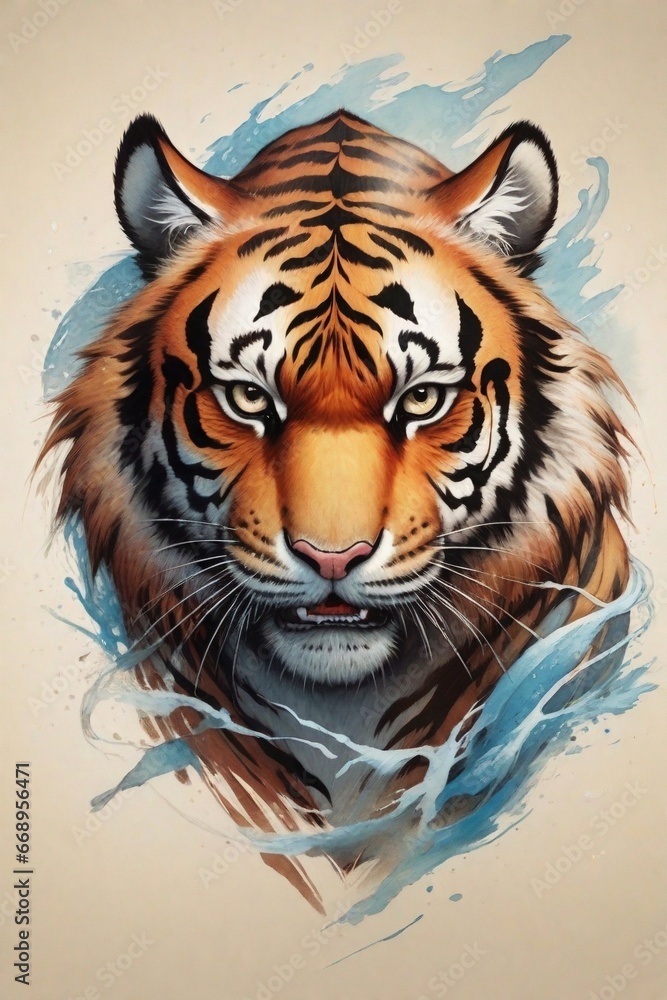 Naklejka premium A detailed illustration of tiger head, splash, print, t-shirt design. 
