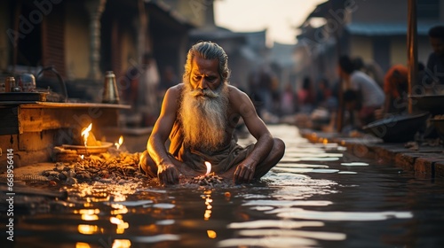 A Hindu pilgrim making an offering at the Ganges River in Varanasi, India.  photo
