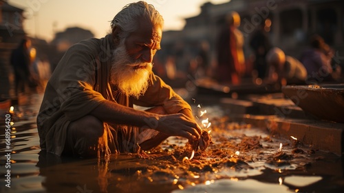 A Hindu pilgrim making an offering at the Ganges River in Varanasi, India.  photo