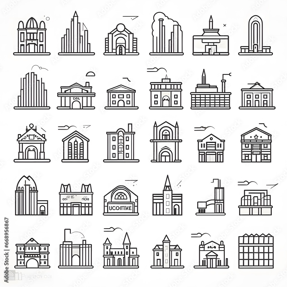 City buildings line icons set outline vector symbol