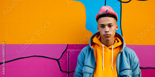 90s Inspired Teen Portrait: Vibrant Urban Background with Hip-Hop Inspired Elements photo
