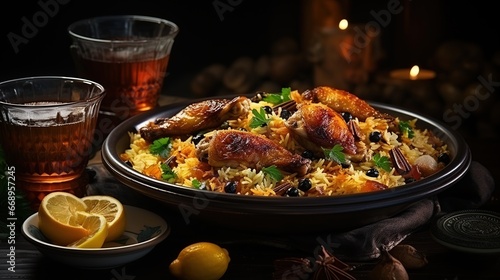 National Saudi Arabian dish chicken kabsa with roasted chicken quarter and almonds photo