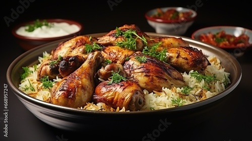 National Saudi Arabian dish chicken kabsa with roasted chicken quarter and almonds