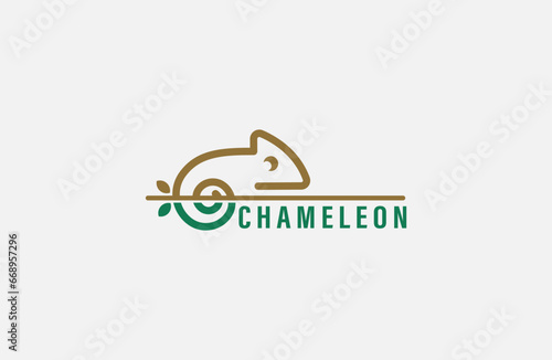 Chameleon logo line art design, Chameleon perched on a guitar logo vector in outline Illustration style.