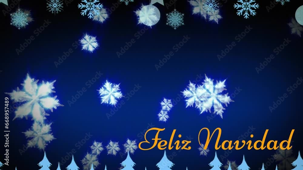 Animation of feliz navidad text banner and glowing snowflakes floating against blue background Animation of feliz navidad text banner and glowing snowflakes floating against blue background