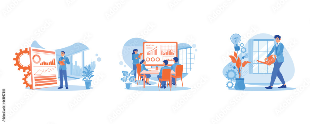 Business meeting presentations. Statistics and data. New business growth idea. Growth Analysis Concept. set trend modern vector flat illustration