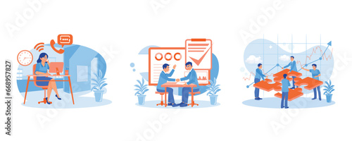Make calls with clients. Complete the consultation. Teamwork concept. Employee Making concept. set trend modern vector flat illustration