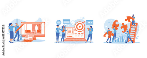 Create an office interior design. Make important decisions together. Teamwork concept. Employee Making concept. set trend modern vector flat illustration