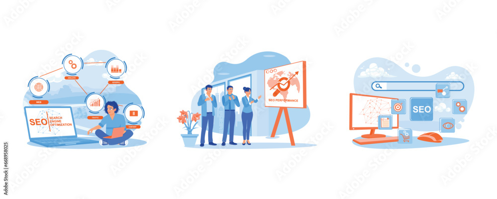 Digital online marketing. Applause at the SEO performance presentation. Digital marketing strategy. set trend modern vector flat illustration Digital online marketing. Applause at the SEO performance presentation. Digital marketing strategy. set trend modern vector flat illustration