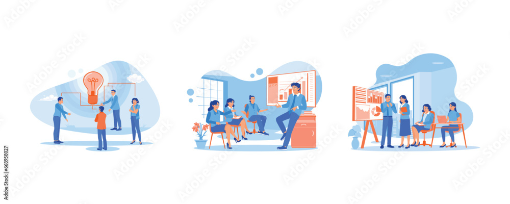 Exchange thoughts and ideas. Describes a new work project. Discuss office financial statistics. Briefings concept. set trend modern vector flat illustration