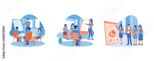 Focus on listening to the meeting leader's explanation. Business partners exchange ideas. Project presentation on a flip chart. Briefings concept. set trend modern vector flat illustration