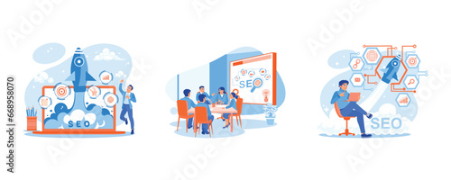 The rocket icon appears on the screen. SEO web optimization. Analyze traffic rankings on websites. SEO concept. Set Trend Modern vector flat illustration