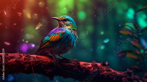The image predominantly features an iridescent bird, adorned with shades of blue, green and yellow, perched on a tree branch. The bird is the focal point of the image, located in the center, while the © Wiencci