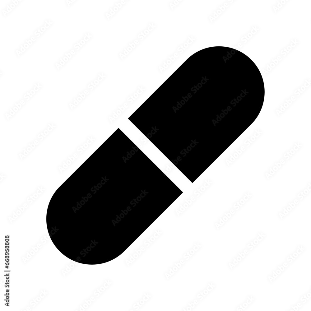 A large medical capsule symbol in the center. Isolated black symbol A large medical capsule symbol in the center. Isolated black symbol