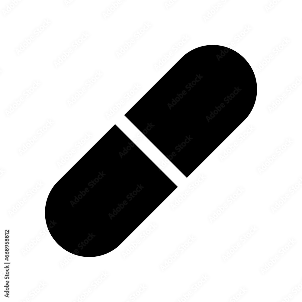 A large medical capsule symbol in the center. Isolated black symbol A large medical capsule symbol in the center. Isolated black symbol
