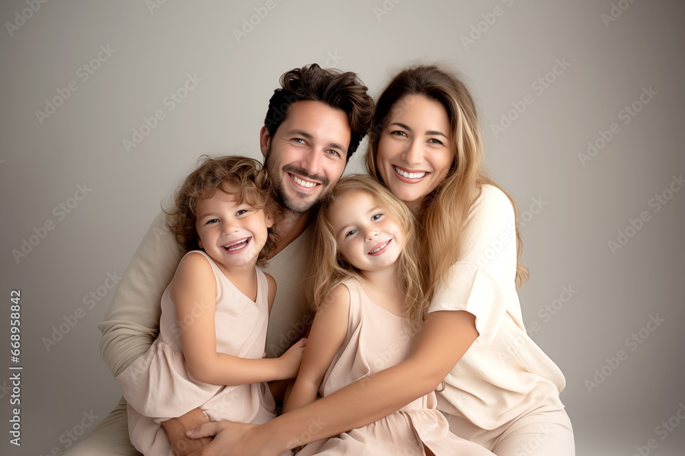 smiling family of four with minimalist gray background smiling family of four with minimalist gray background