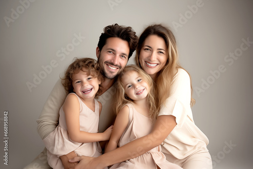 smiling family of four with minimalist gray background